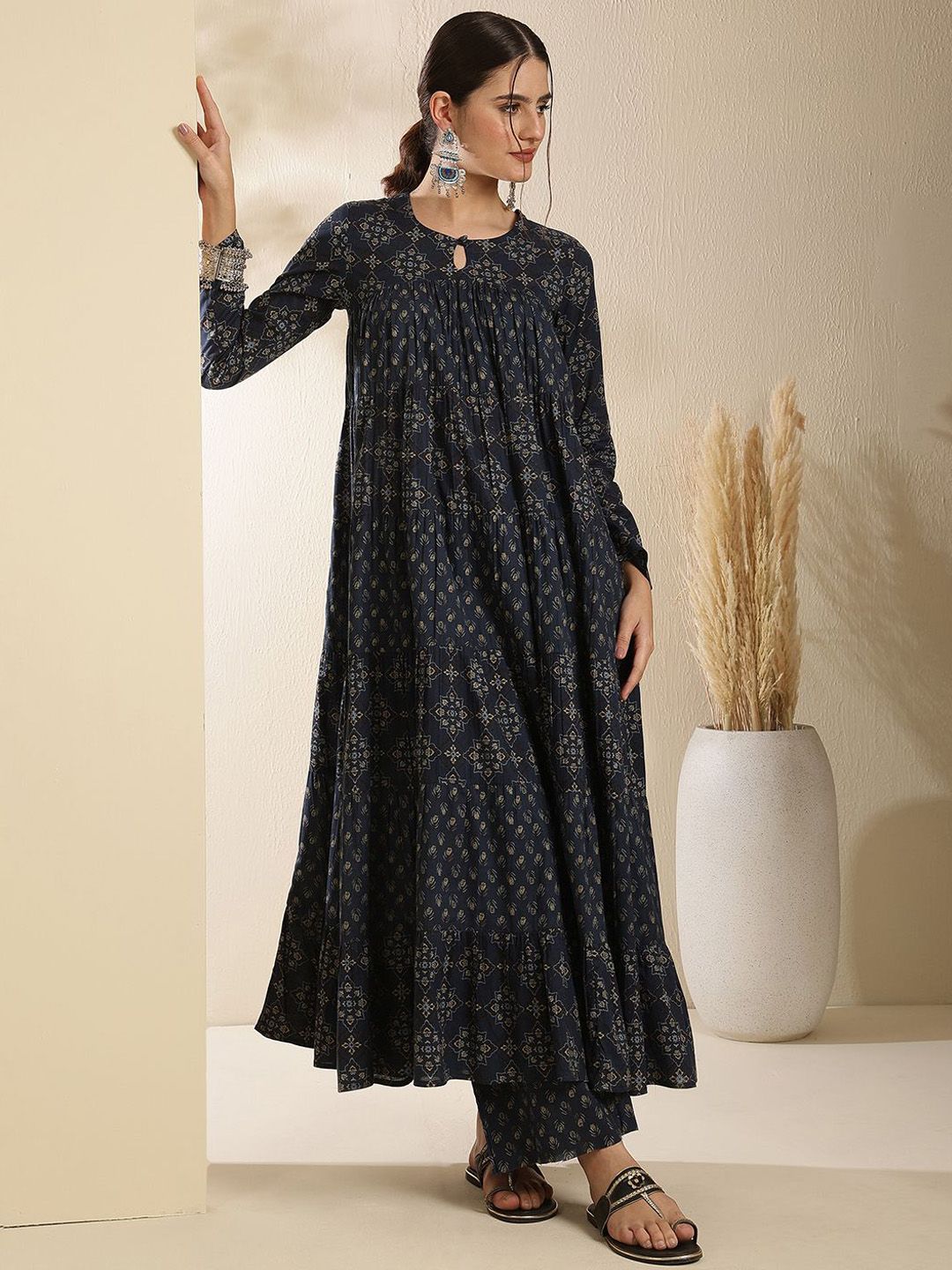 Dhiyona SN Women's Floral Printed Pure Cotton Key Hole-Neck Anarkali Kurta With Trouser & Dupatta