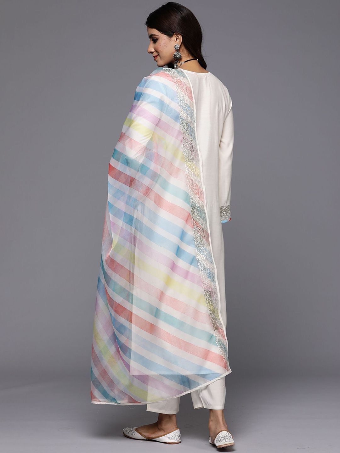 Cream-Coloured Embroidered Sequined Cotton Zari Kurta With Trousers & Dupatta