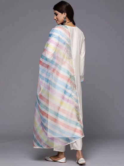 Cream-Coloured Embroidered Sequined Cotton Zari Kurta With Trousers & Dupatta