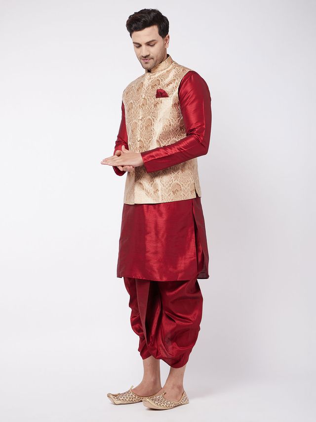 Men's Maroon Silk Blend Straight Jacket  Kurta and Dhoti Set
