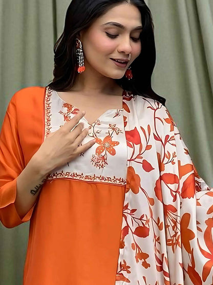 Dhiyona SN Women's Floral Printed Cotton Anarkali Kurta with Trousers & Dupatta