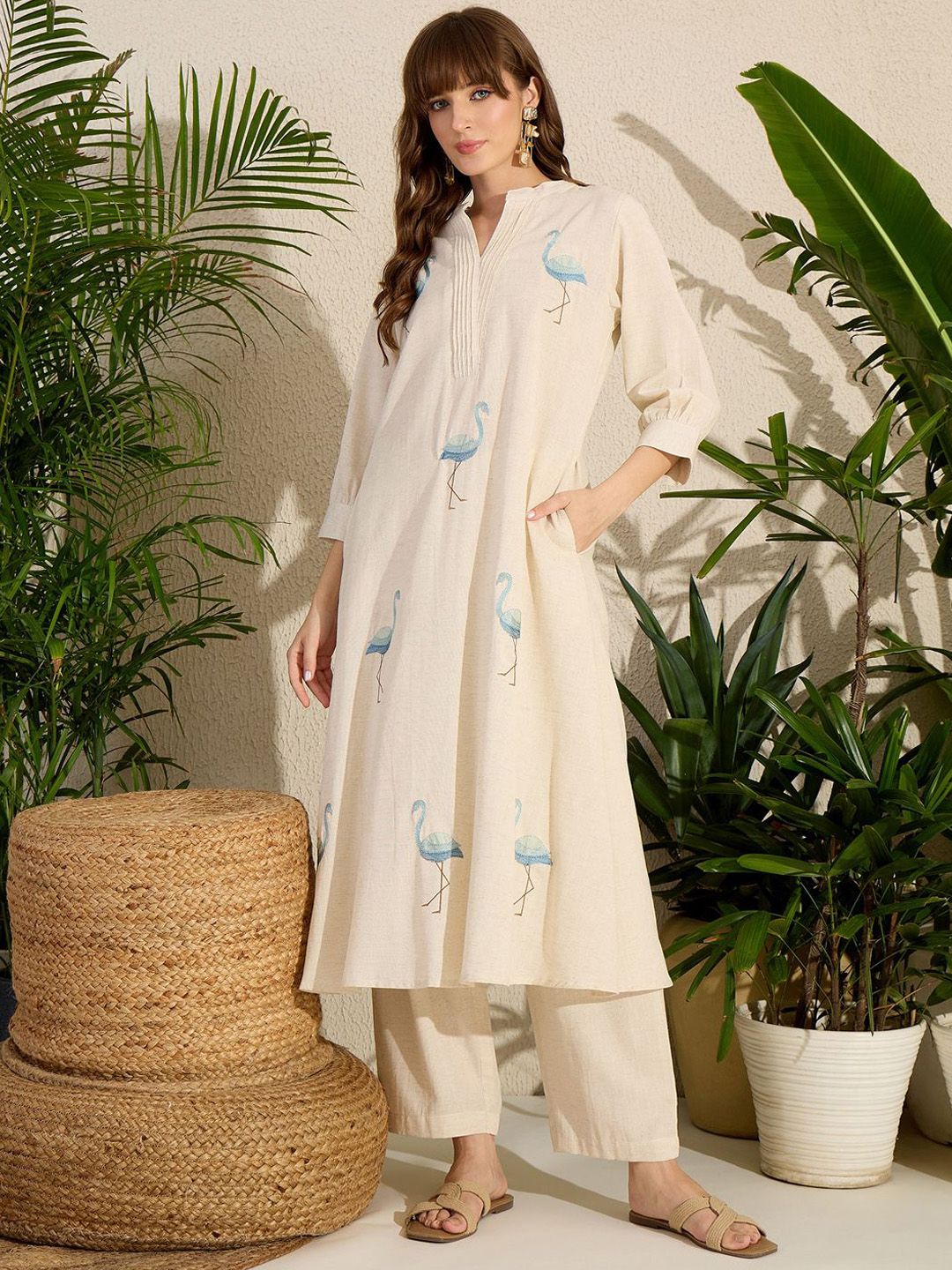 Dhiyona IE Embroidered Mandarin Collar A-Line Pure Cotton Kurta With Pants