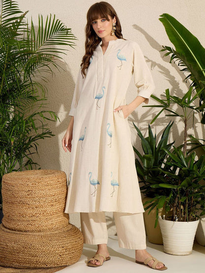 Dhiyona IE Embroidered Mandarin Collar A-Line Pure Cotton Kurta With Pants
