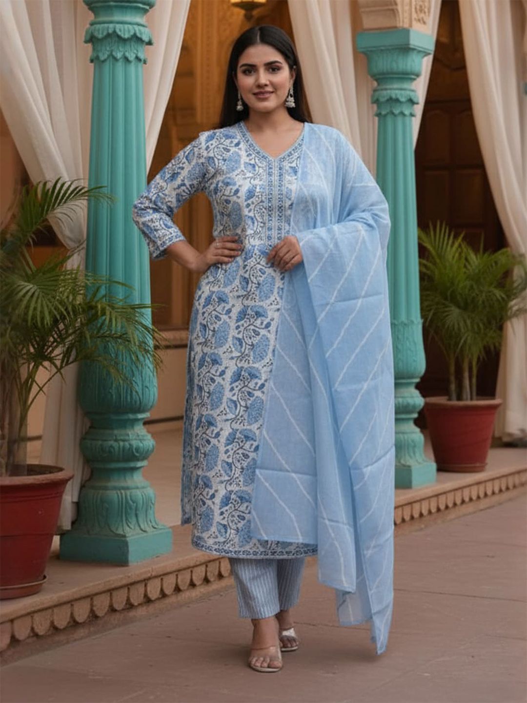 Floral Printed V-Neck Pure Cotton Kurta With Trousers & Dupatta