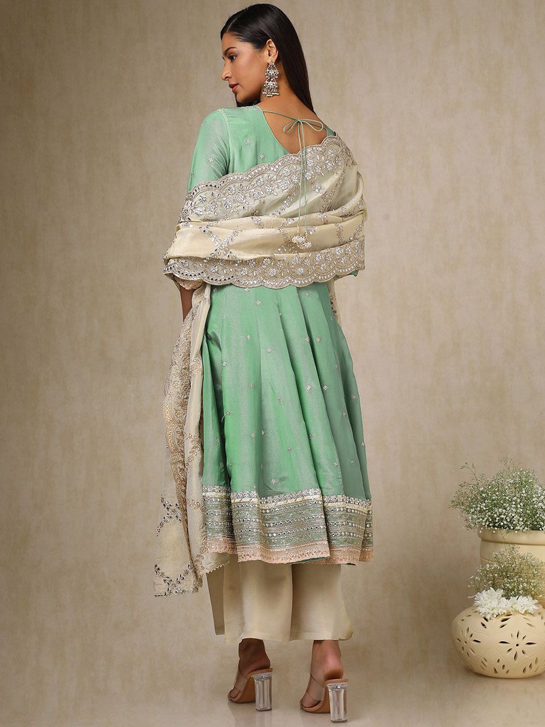 Dhiyona SO Women's Women Floral Embroidered Panelled Sequinned Kurta with Palazzos & With Dupatta