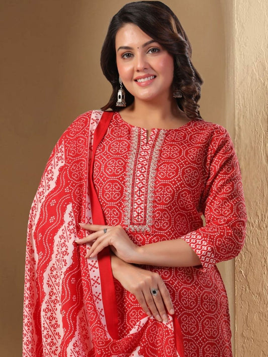Women Bandhani Printed Regular Thread Work Pure Cotton Kurta with Trousers & With Dupatta