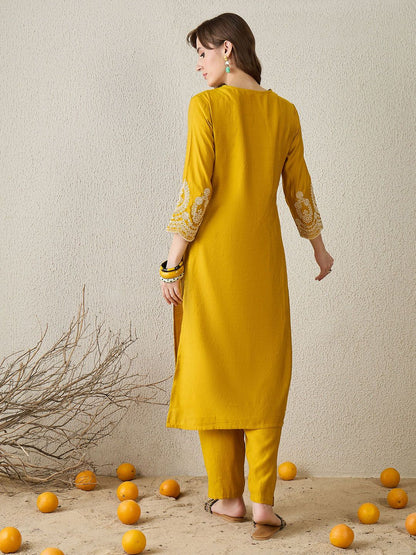 Women Mustard Ethnic Motifs Embroidered Regular Straight Kurta Sets
