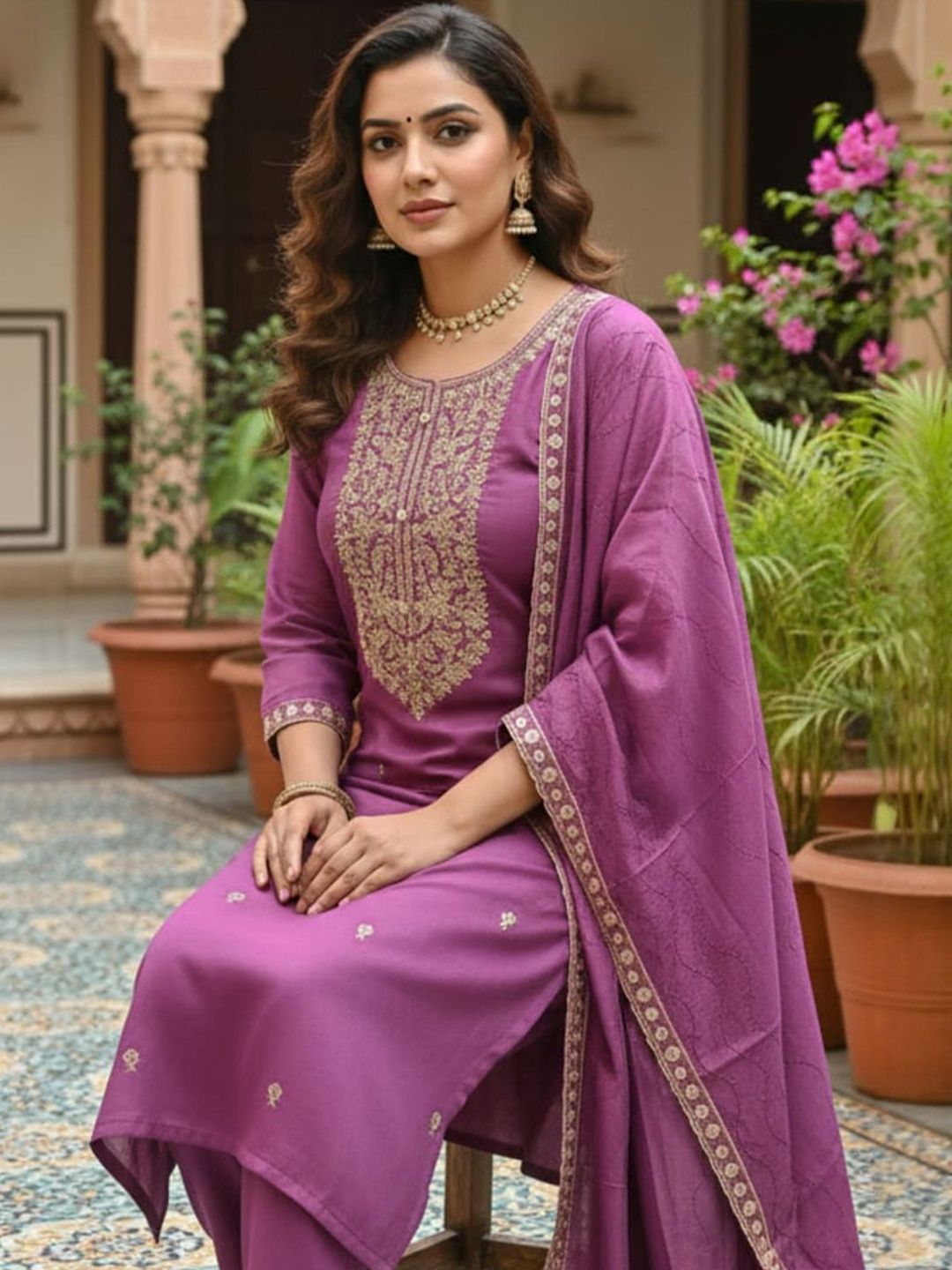 Women Mauve Embroidered Straight Kurta with Trousers & With Dupatta