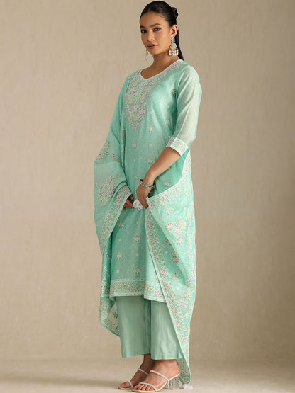 Dhiyona SO Women's Women Printed Regular Thread Work Chanderi Cotton Kurta with Palazzos & With Dupatta