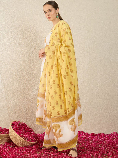 Women Floral Printed Regular Thread Work Pure Cotton Kurta with Trousers & With Dupatta
