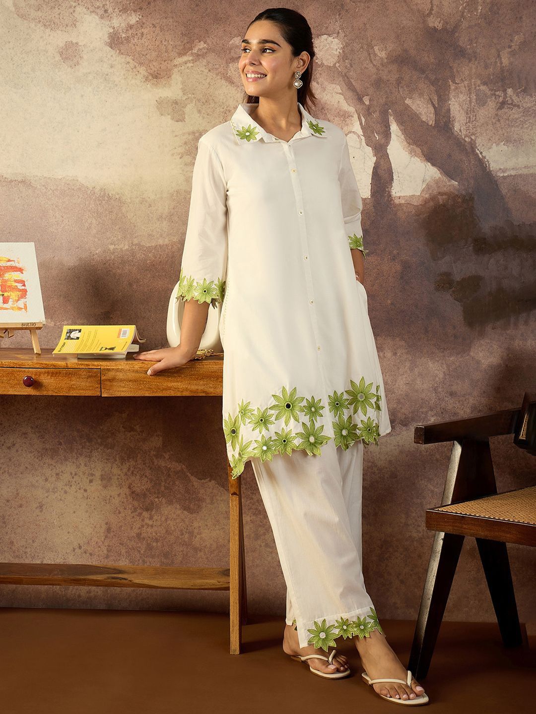 Dhiyona IE Embroidered A-Line Pure Cotton Tunic With Trousers