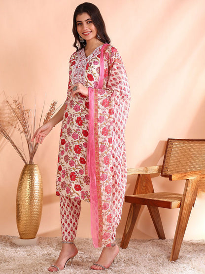 Dhiyona OD  Floral Printed Pure Cotton Straight Kurta with Trousers & Dupatta