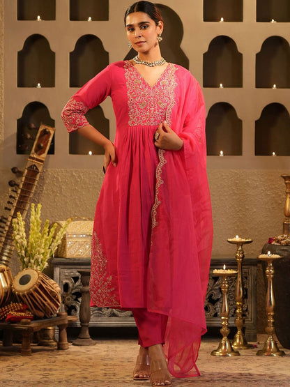 Dhiyona IE Women's Floral Yoke Design V Neck Zari A-Line Kurta & Trousers With Dupatta