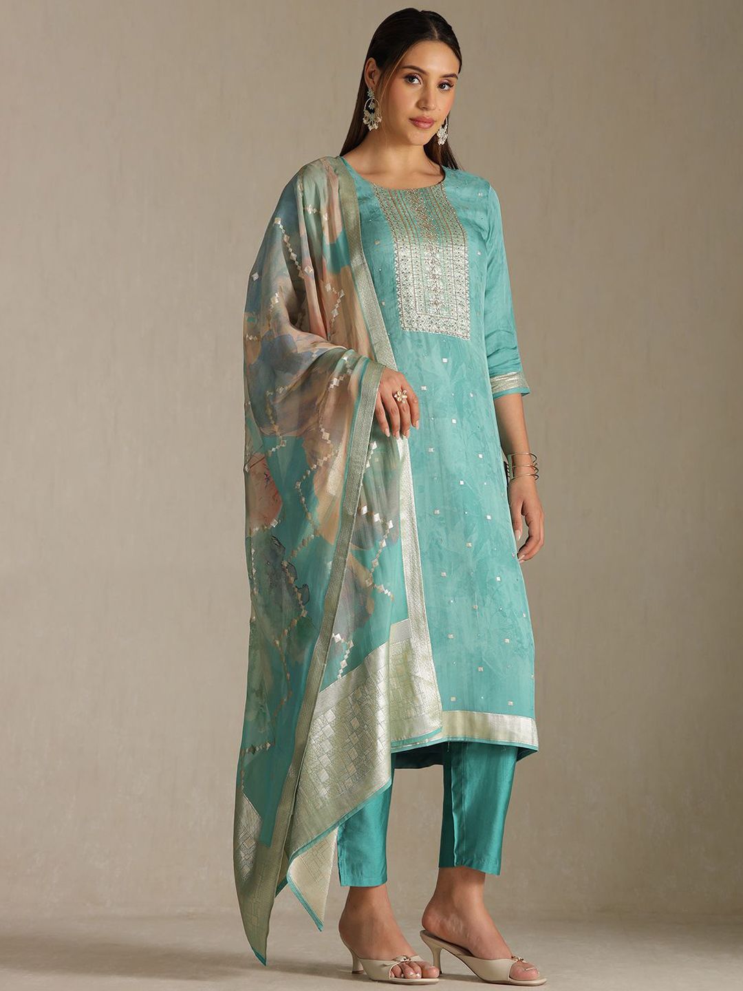 Dhiyona SO Women's Women Woven Design Regular Mirror Work Kurta with Trousers & With Dupatta