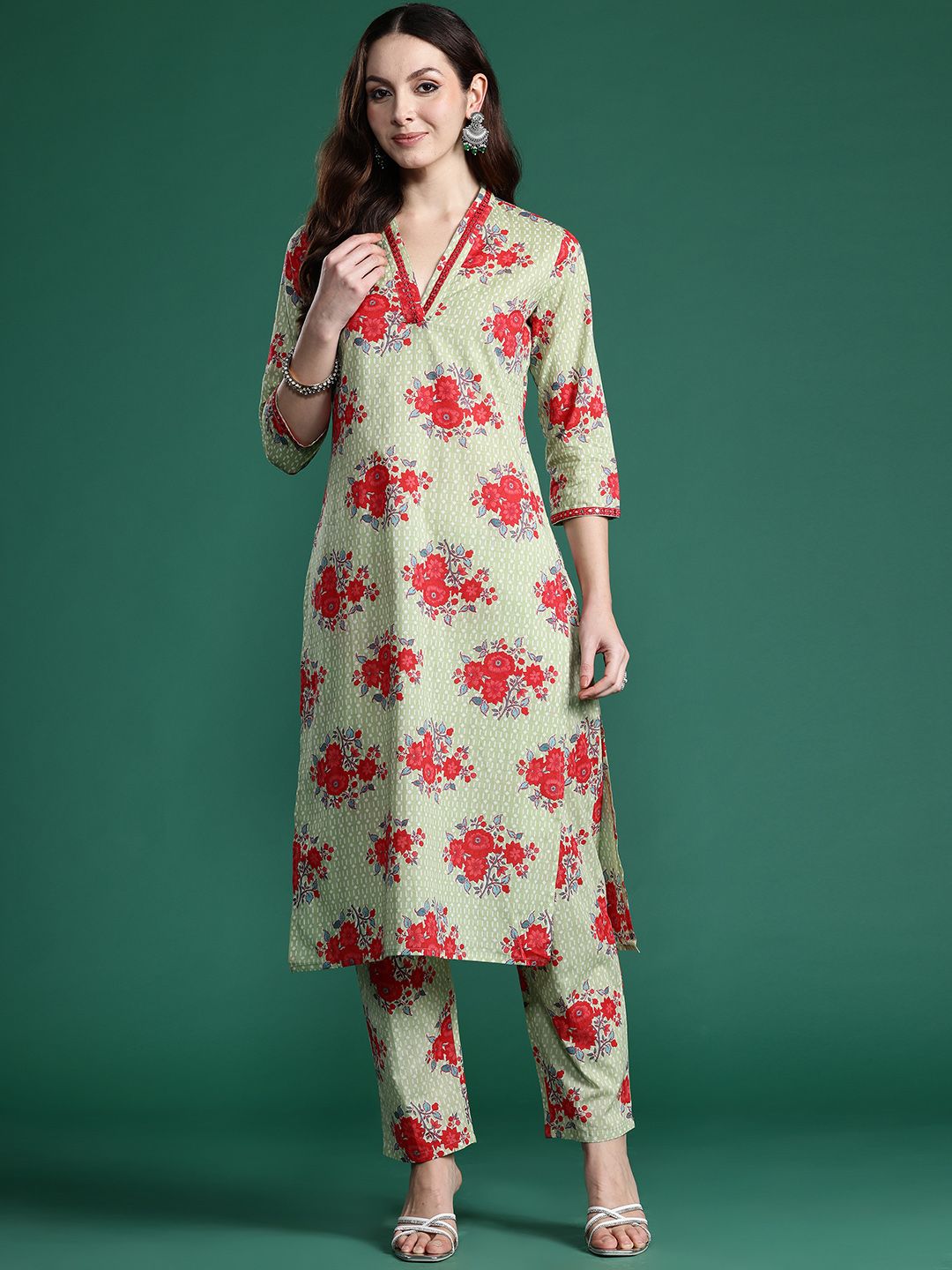 Dhiyona IE Floral Printed Mirror Work Pure Cotton Kurta with Trousers