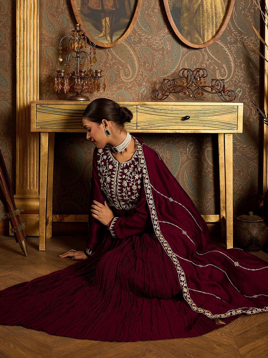 Floral Zari Embroidered Pleated A-Line Kurta with Trouser & Dupatta