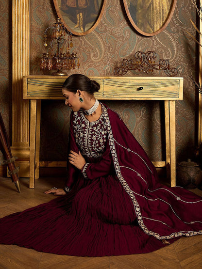 Floral Zari Embroidered Pleated A-Line Kurta with Trouser & Dupatta