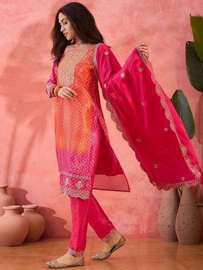 Dhiyona SN Women's Bhandani Printed Round Neck Straight Kurta With Trousers And Dupatta