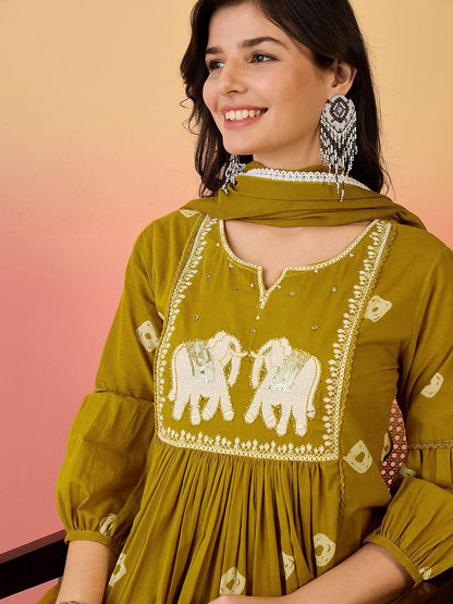 Dhiyona SN Women's Ethnic Motifs Embroidered Sequinned Pure Cotton Kurta And Trouser With Dupatta