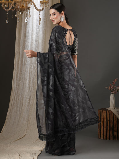Women's Georgette Black Printed Designer Saree With Blouse Piece