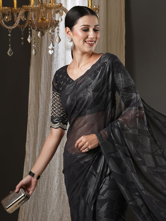 Women's Georgette Black Printed Designer Saree With Blouse Piece