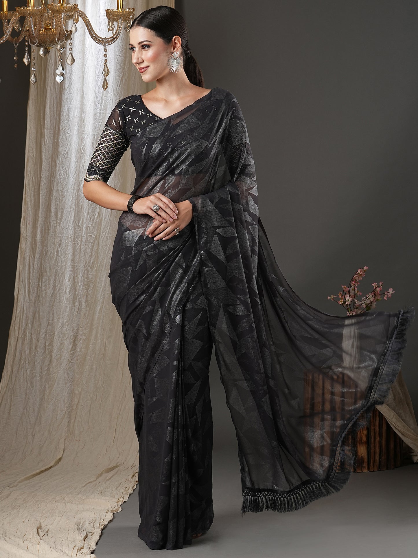 Women's Georgette Black Printed Designer Saree With Blouse Piece