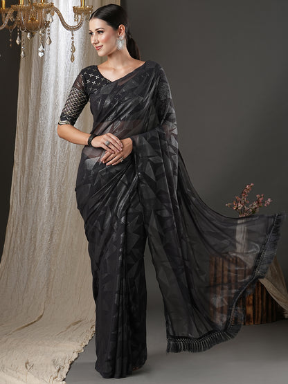 Women's Georgette Black Printed Designer Saree With Blouse Piece