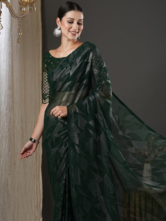 Women's Georgette Green Printed Designer Saree With Blouse Piece