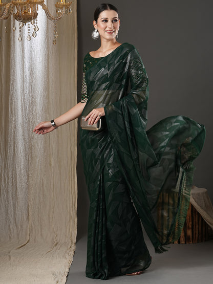 Women's Georgette Green Printed Designer Saree With Blouse Piece