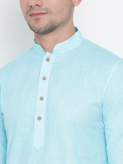 Men's Light Blue Cotton Linen Straight Kurta Pyjama Set