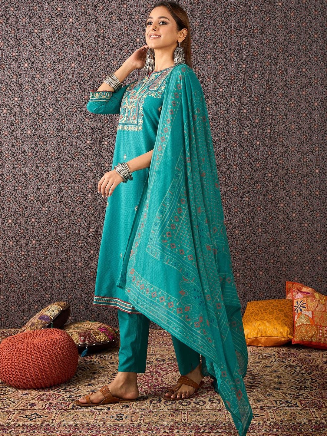 Ethnic Motifs Embroidered Thread Work Pure Cotton Kurta With Trousers & Dupatta