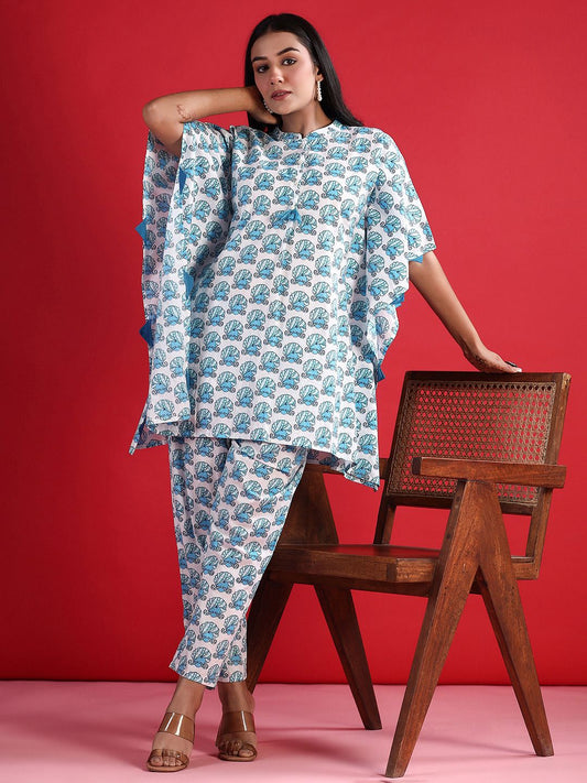 Dhiyona IE Printed Pure Cotton Mandarin Collar Neck Top & Flared Trouser Co-Ords