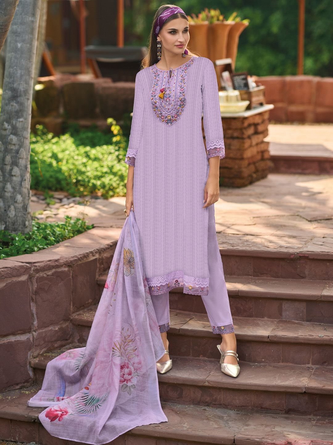 Dhiyona IE Lavender Floral Embroidered Tie Up Neck Pure Cotton Kurta with Trousers & Dupatta