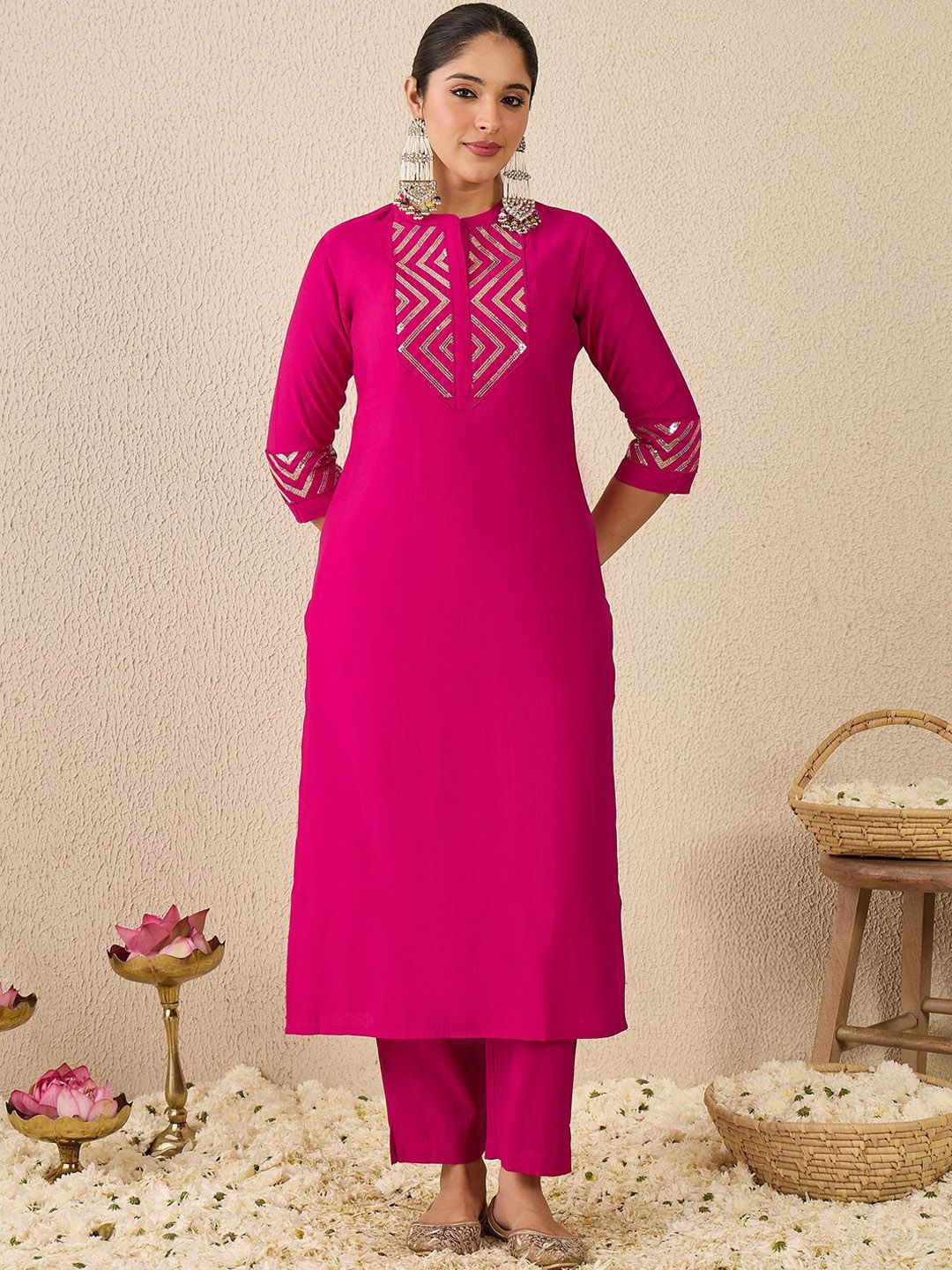Embroidered Mirror Work Straight Kurta With Trousers