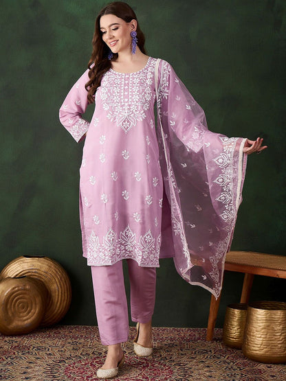 Dhiyona SN Women's Lavender Floral Embroidered Thread Work Cotton Kurta & Trouser With Dupatta