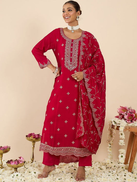 Floral Embroidered Round Neck Regular Straight Kurta With Trousers & Dupatta