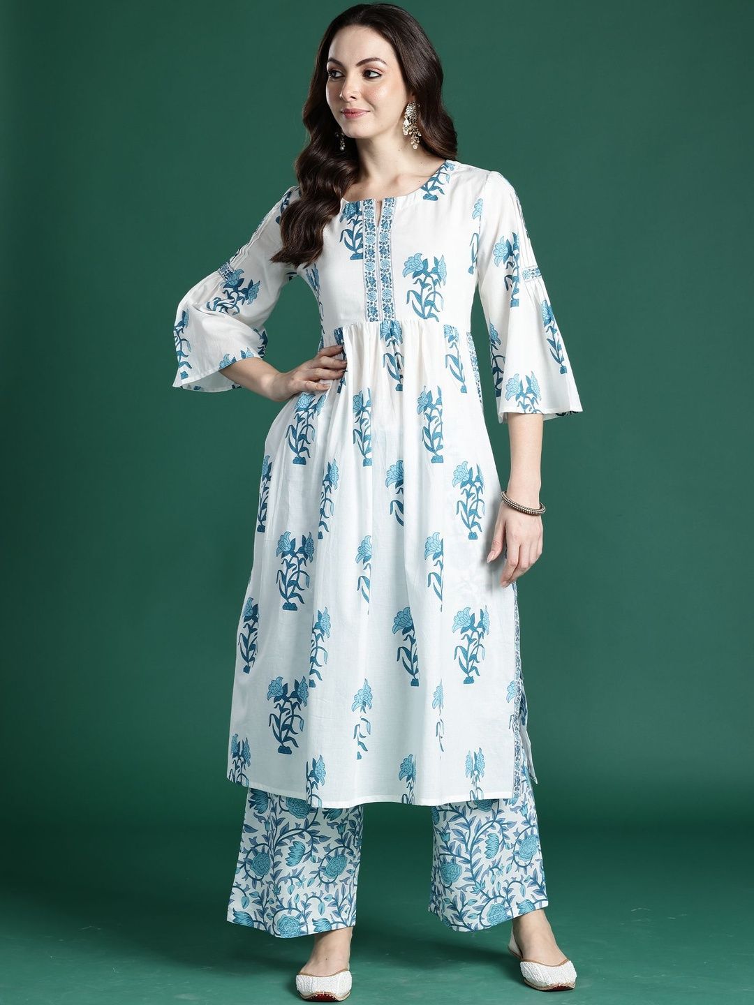 Women Floral Printed Cotton A-Line Kurta with Palazzos