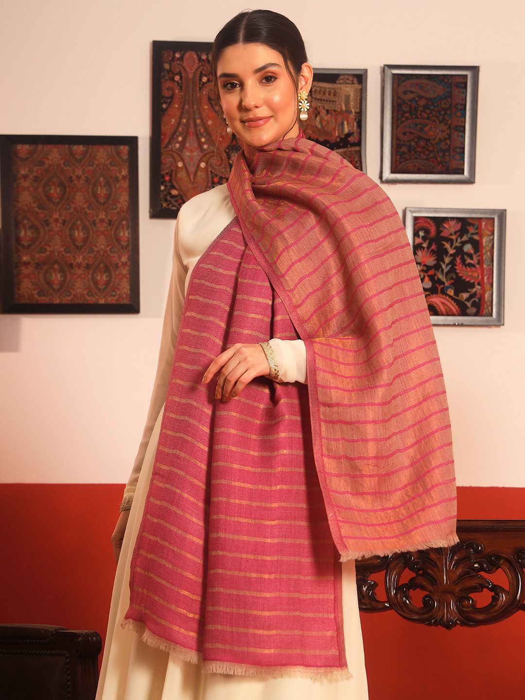 Dhiyona PA Striped Woven Design Mirage Fine Woollen Reversible Shawl