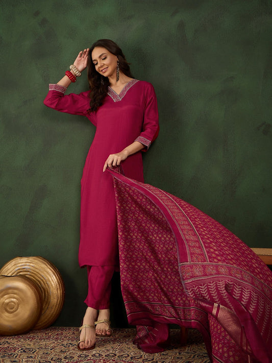Dhiyona SN Women's Thread Work V-Neck Kurta With Trousers & Dupatta
