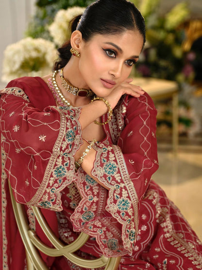 Ethnic Motifs Embroidered Zari Organza Straight Kurta & Trousers With Dupatta