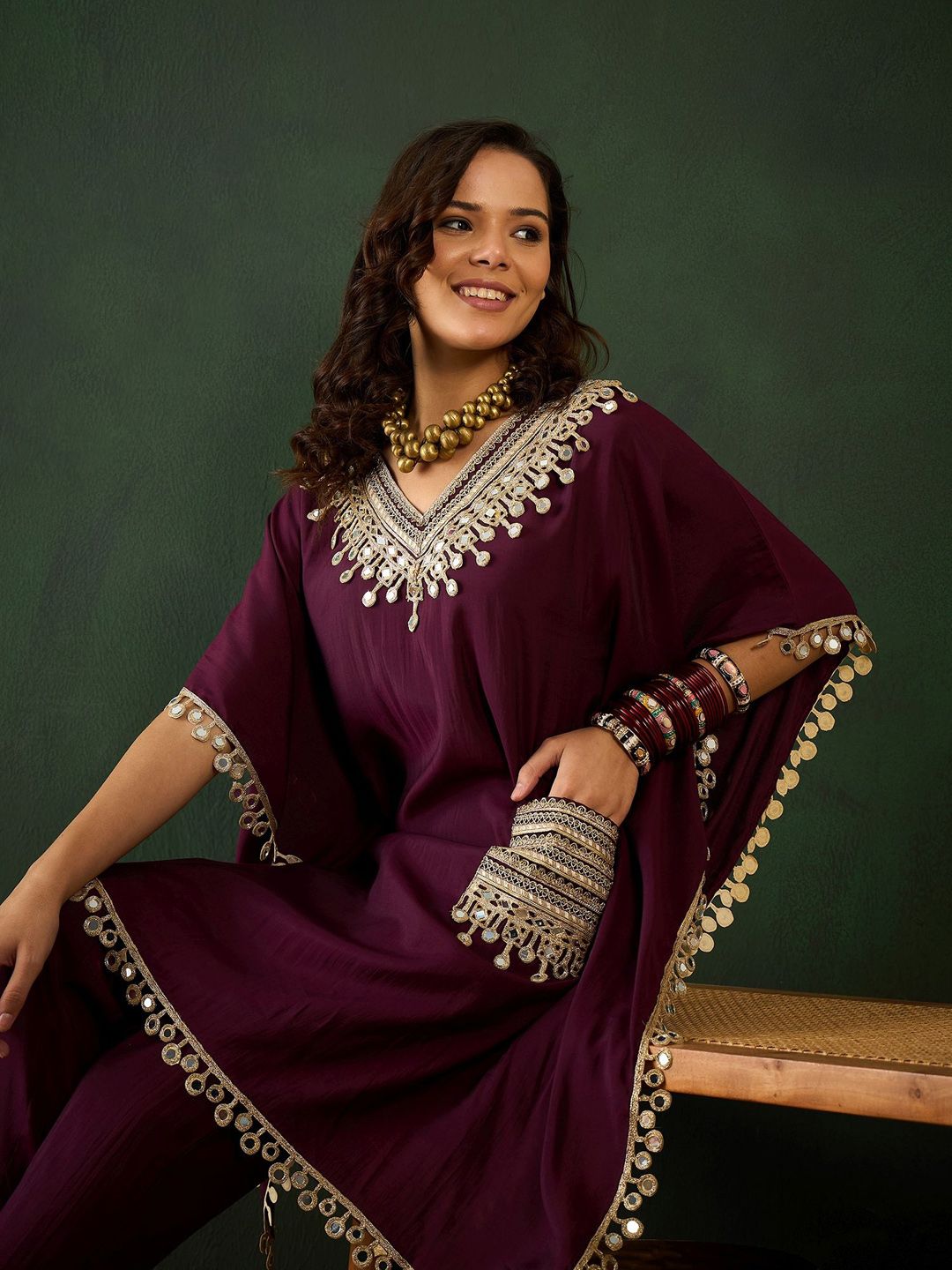 Dhiyona SN Women's Burgundy Geometric Embroidered V-Neck Mirror Work Kaftan With Trousers