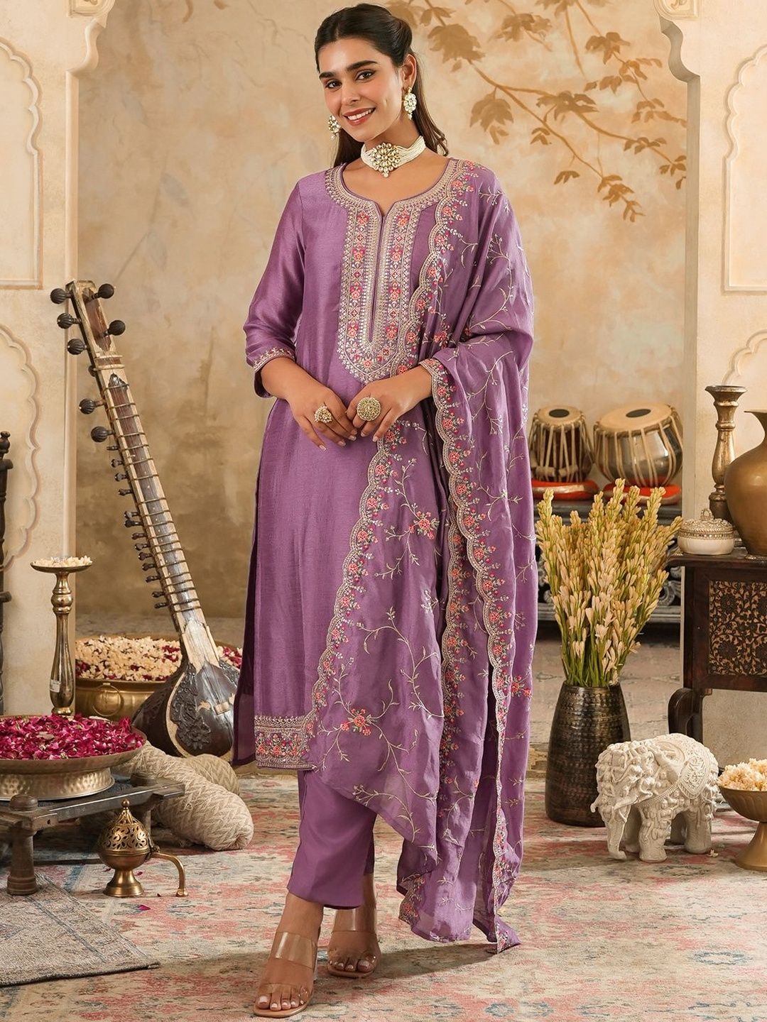 Women Ethnic Motifs Embroidered Regular Kurta with Trousers & With Dupatta