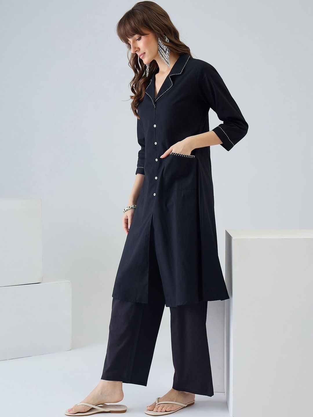 Women Regular Thread Work Pure Cotton Kurta with Trousers