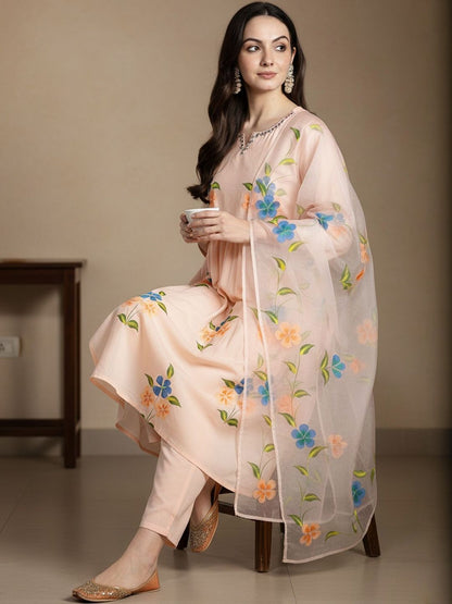 Floral Printed V-Neck Empire Pure Cotton A-Line Kurta With Trousers & Dupatta