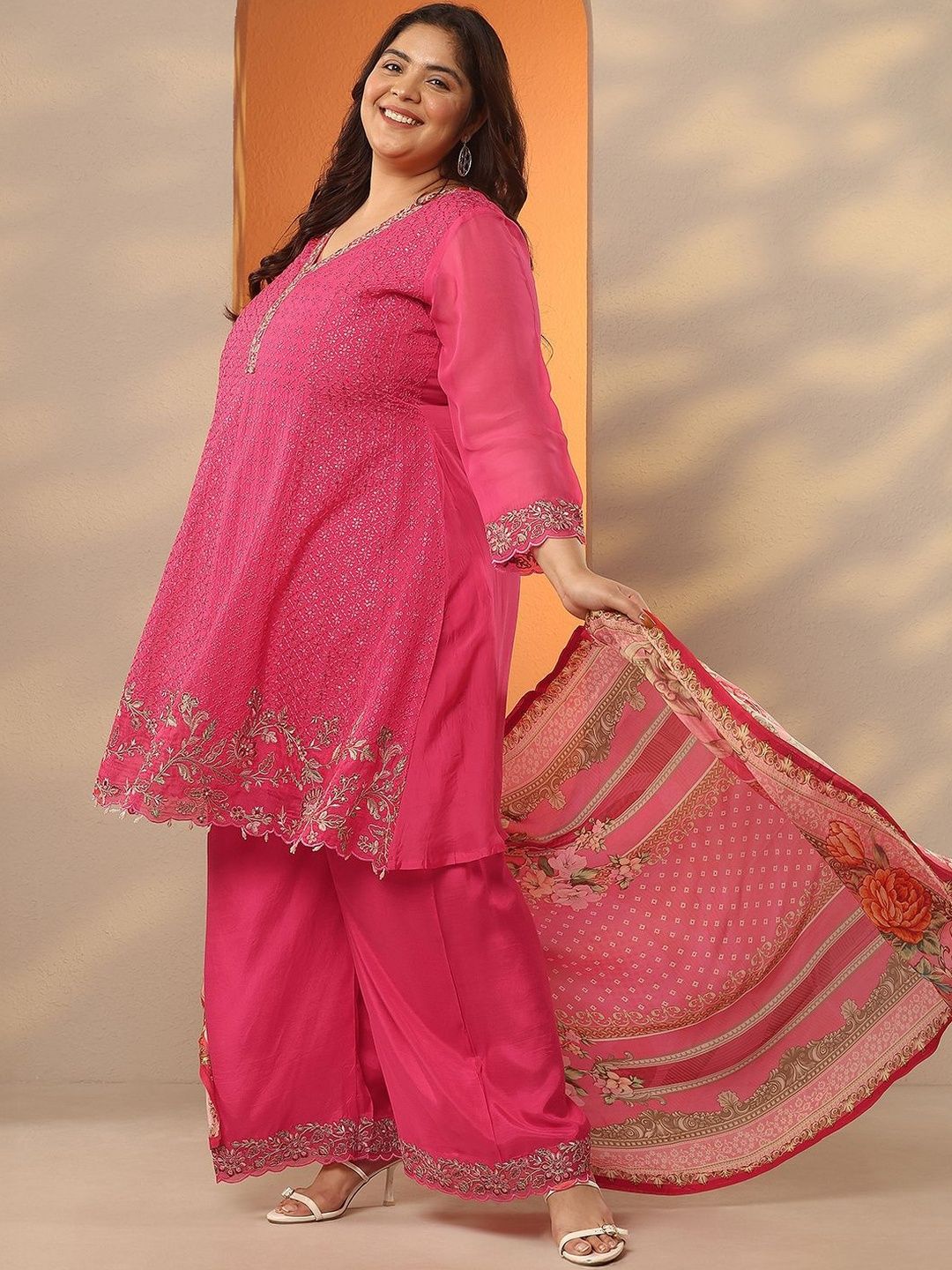 Dhiyona Women's Plus Size Embroidered V-Neck A-Line Kurta With Palazzos & Dupatta
