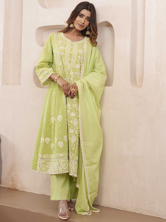 Dhiyona PD Women Floral Embroidered Pure Cotton Kurta & Trousers With Dupatta