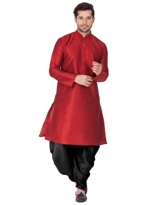 Men's Maroon Silk Blend Straight Kurta and Dhoti Set