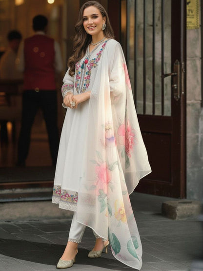 Women Floral Embroidered Regular Thread Work Kurta with Trousers & With Dupatta