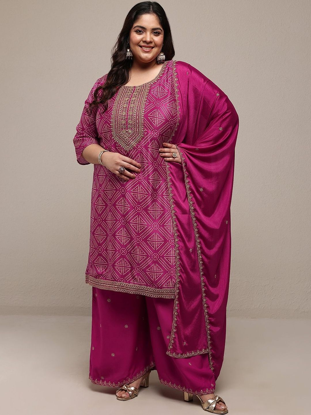 Dhiyona Women's Plus Size Ethnic Motifs Printed Kurta with Palazzos & With Dupatta