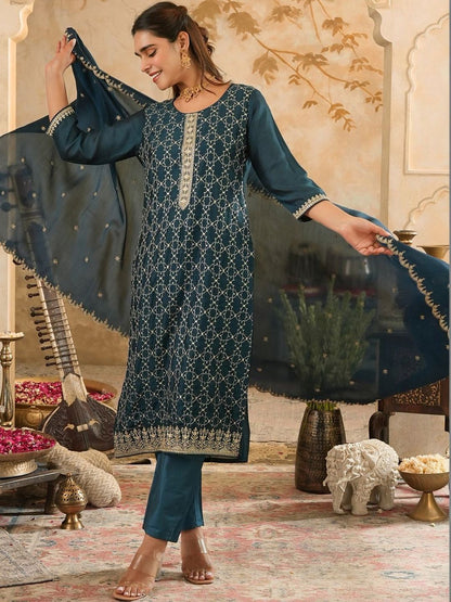 Women Ethnic Motifs Embroidered Regular Thread Work Kurta with Trousers & With Dupatta